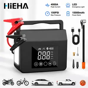 【Hieha】4000A Car Jump Starter with 150PSI Air Compressor, 15000mAh Portable Battery Booster Pack Power Bank, LED Light, Type-C Cable, Fast Charging, Automatic Power Off, Detachable Batteries for 12V Cars Trucks SUV