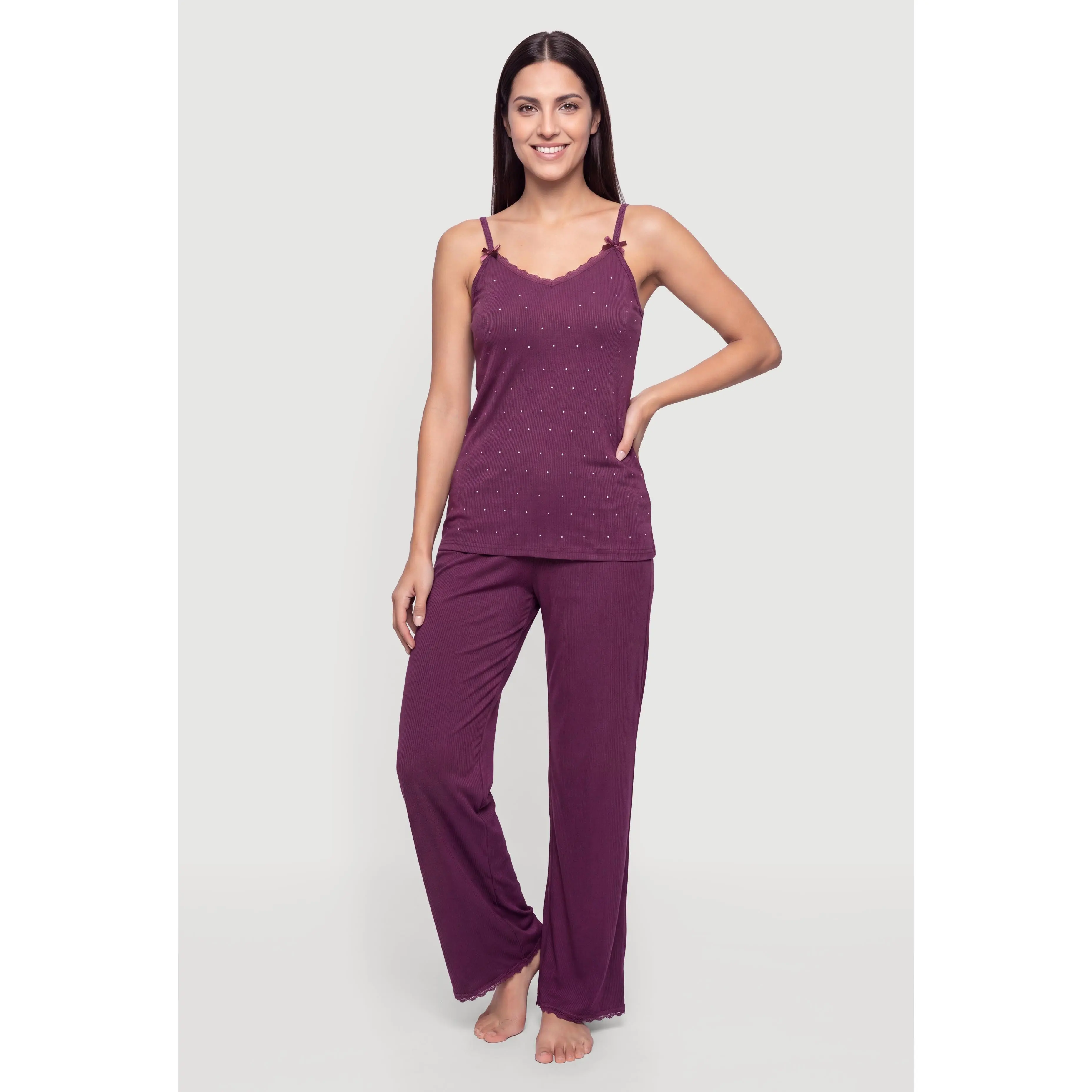 Bow Detail Rhinestone Pajama Cami and Lounge Pants