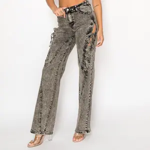 FREE JUNNS [008] | Acid Wash Gray Flare Mid-Rise Jeans With Lace Up Detail
