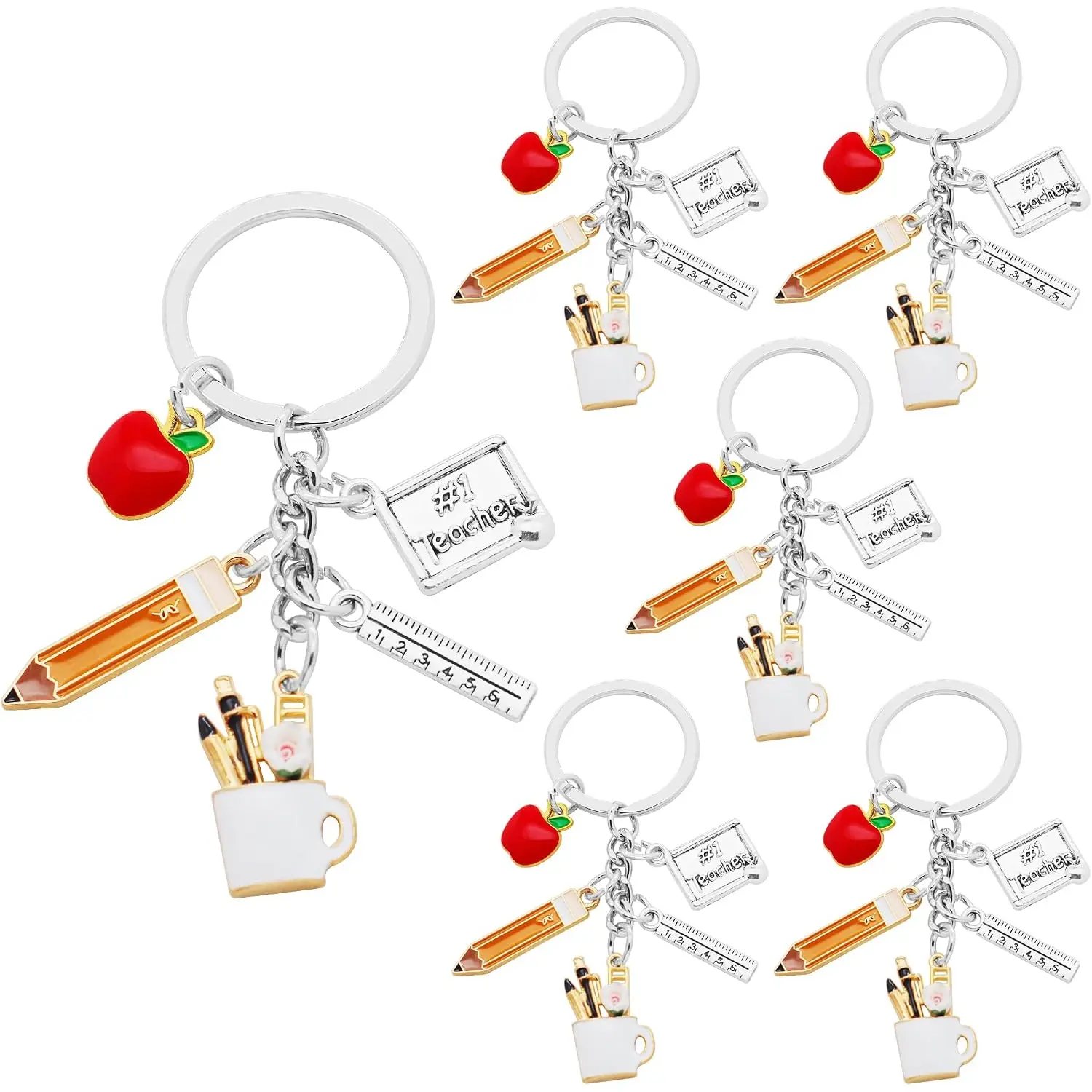 6Pcs Back to School Keychains Alloy Pencil Ruler Blackboard Pen Holder Fruit Charm Keyrings for School Home Brithday Graduation Gifts