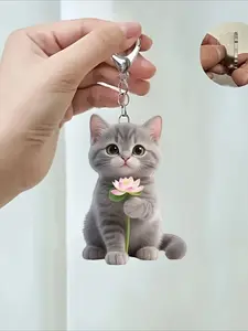 2D flat acrylic keychain, pink gray cat lotus design - suitable for backpacks, car keys and pet lovers - durable key ring | fashion accessories | cat theme 2D flat