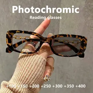 Vintage Tortoiseshell Rectangular Color-Changing Reading Glasses, Chain Decor High-End Design, Unisex Daily Use Commute Eyeglasses