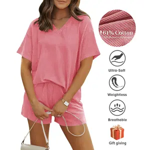 Women’s Ribbed 2 Piece Lounge Set, Short Sleeve Top and Shorts Matching Set for Casual Summer Outfits