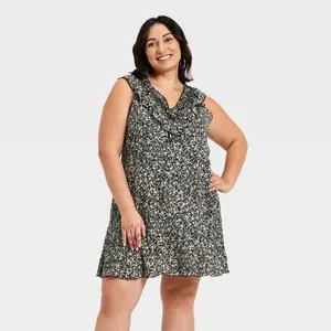 Women's Sleeveless Ruffle Mini A-Line Dress - Universal Thread Black Floral XXL