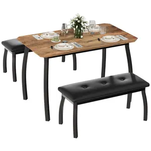 Garvee 43-inch dining table with 2 upholstered benches, industrial dining table set with sturdy metal frame, 3-piece kitchen furniture for small spaces, studio