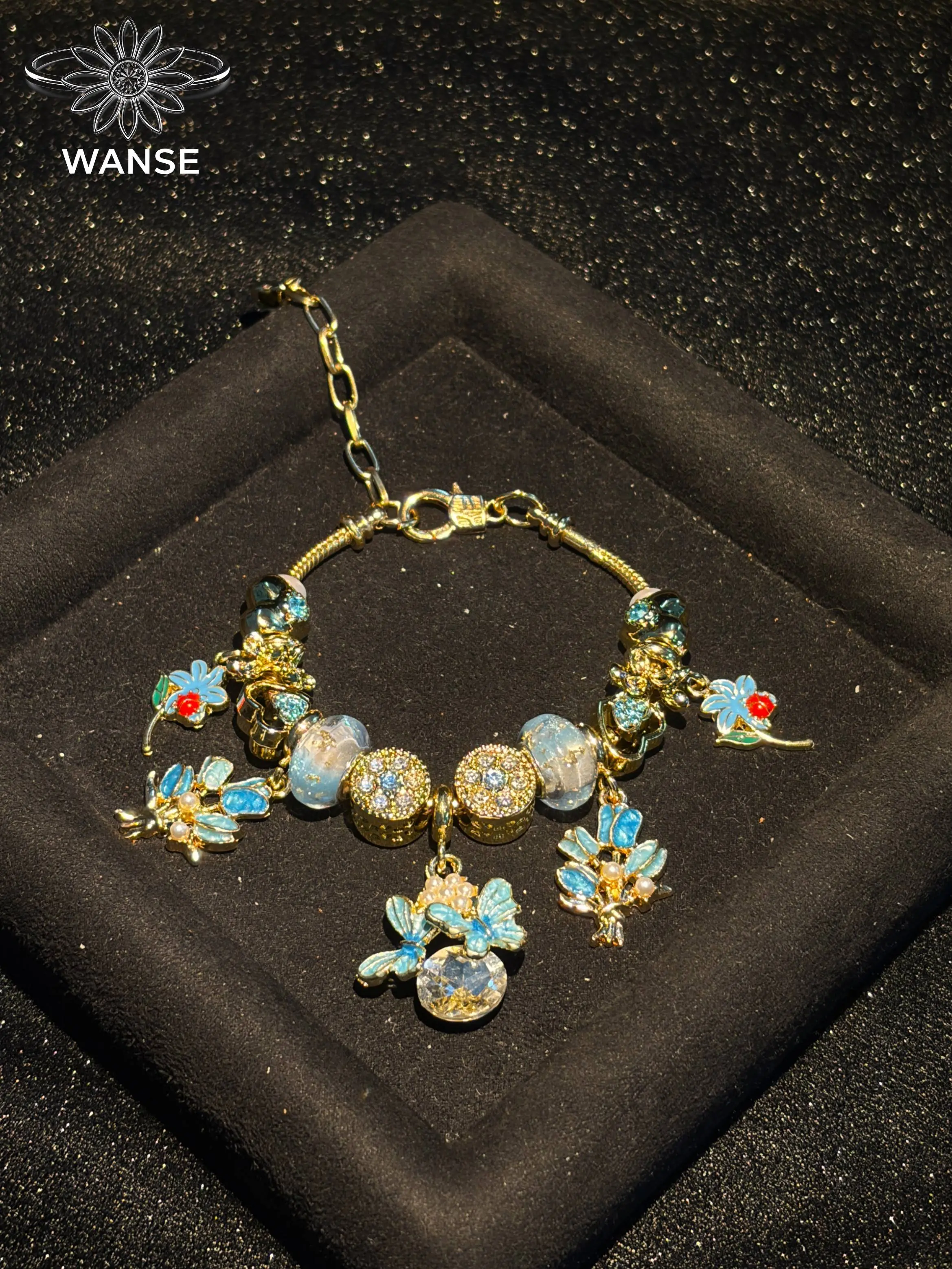 Gold Tone Blue Enamel Butterfly & Flower Charm Bracelet, Clear Lampwork Bead & Rhinestone Spacer Beads, Adjustable Snake Chain Bracelet, Dangle Floral Insect Charms Bangle, Trendy Stackable Women Jewelry Gift