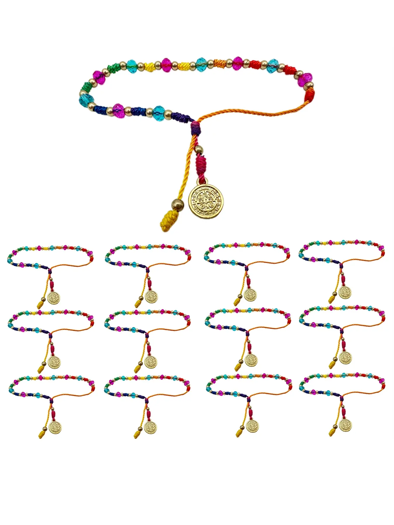 12pcs San Benito Bracelet Sets, Colorful Handmade String, Adjustable Saint Benedict Medal, Catholic Prayer Gifts for Women & Men, Religious Jewelry Gift