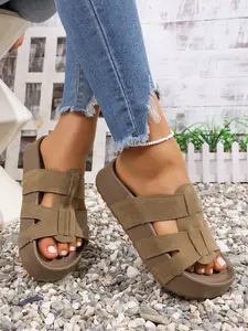 Women's Thick Sole Sandals, Casual Versatile Slippers, PU Material, Less Than Ankle Height, Plain Pattern, Comfortable Footwear