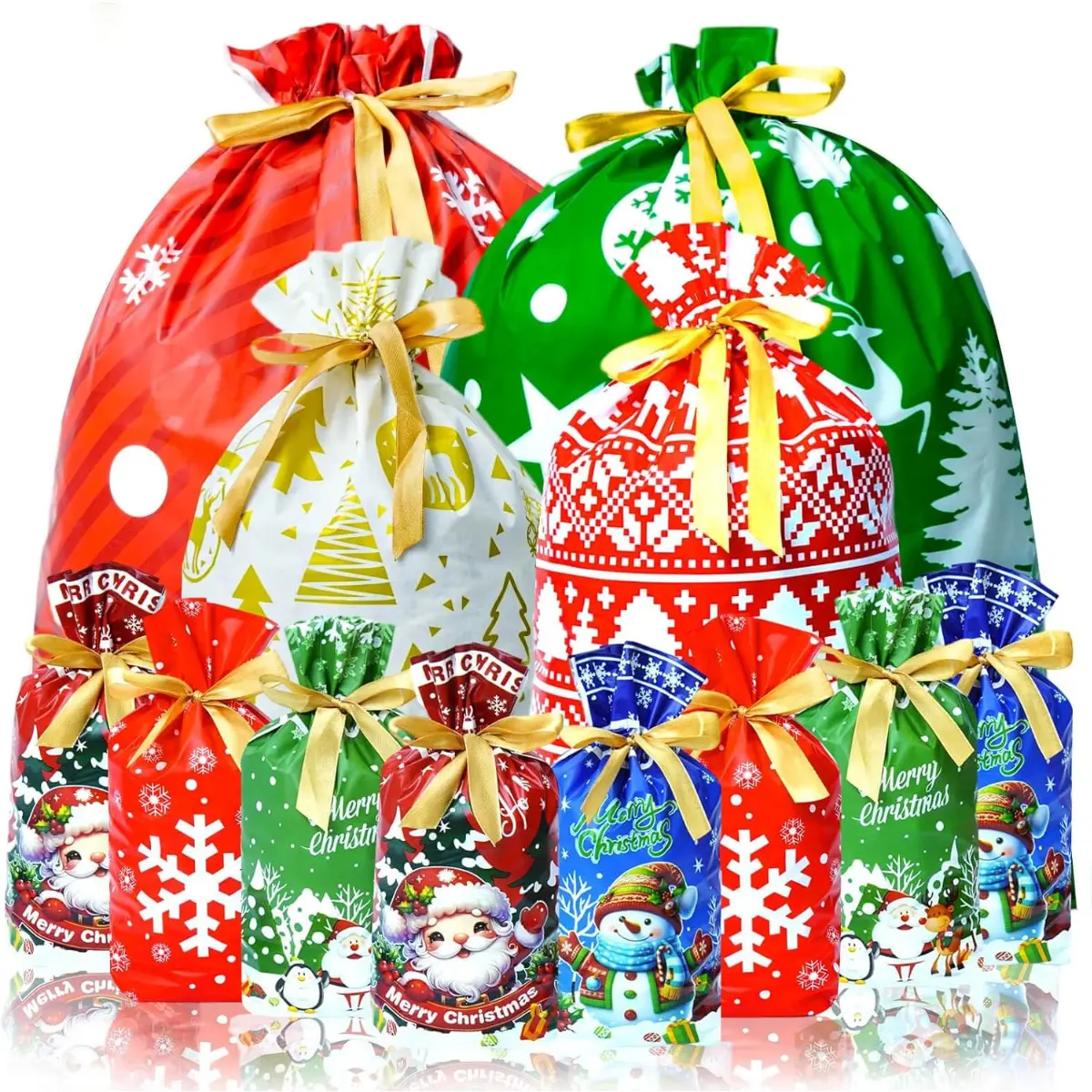 Christmas Gift Bags Assorted Sizes, 34PCS Christmas Drawstring Gift Bags for Presents Xmas Gift Wrapping Bags Bulk for Treat Candy Party Favors (8 Patterns & 3Sizes)