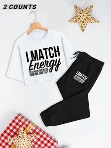 Women's Letter Print Crop Tee & Drawstring Waist Pants Two-Piece Set, Casual Fashion Cozy Round Neck Short Sleeve Top & Trousers for Daily Outdoor Wear, Ladies Clothes for All Seasons Womenswear