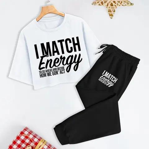 Women's Letter Print Crop Tee & Drawstring Waist Pants Two-Piece Set, Casual Tees Set, Casual Fashion Cozy Round Neck Short Sleeve Top & Trousers for Daily Outdoor Wear, Ladies Clothes for All Seasons Womenswear