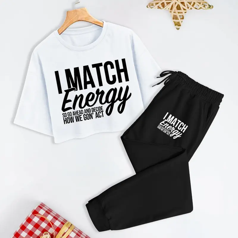 Women's Letter Print Crop Tee & Drawstring Waist Pants Two-Piece Set, Casual Tees Set, Casual Fashion Cozy Round Neck Short Sleeve Top & Trousers for Daily Outdoor Wear, Ladies Clothes for All Seasons Womenswear