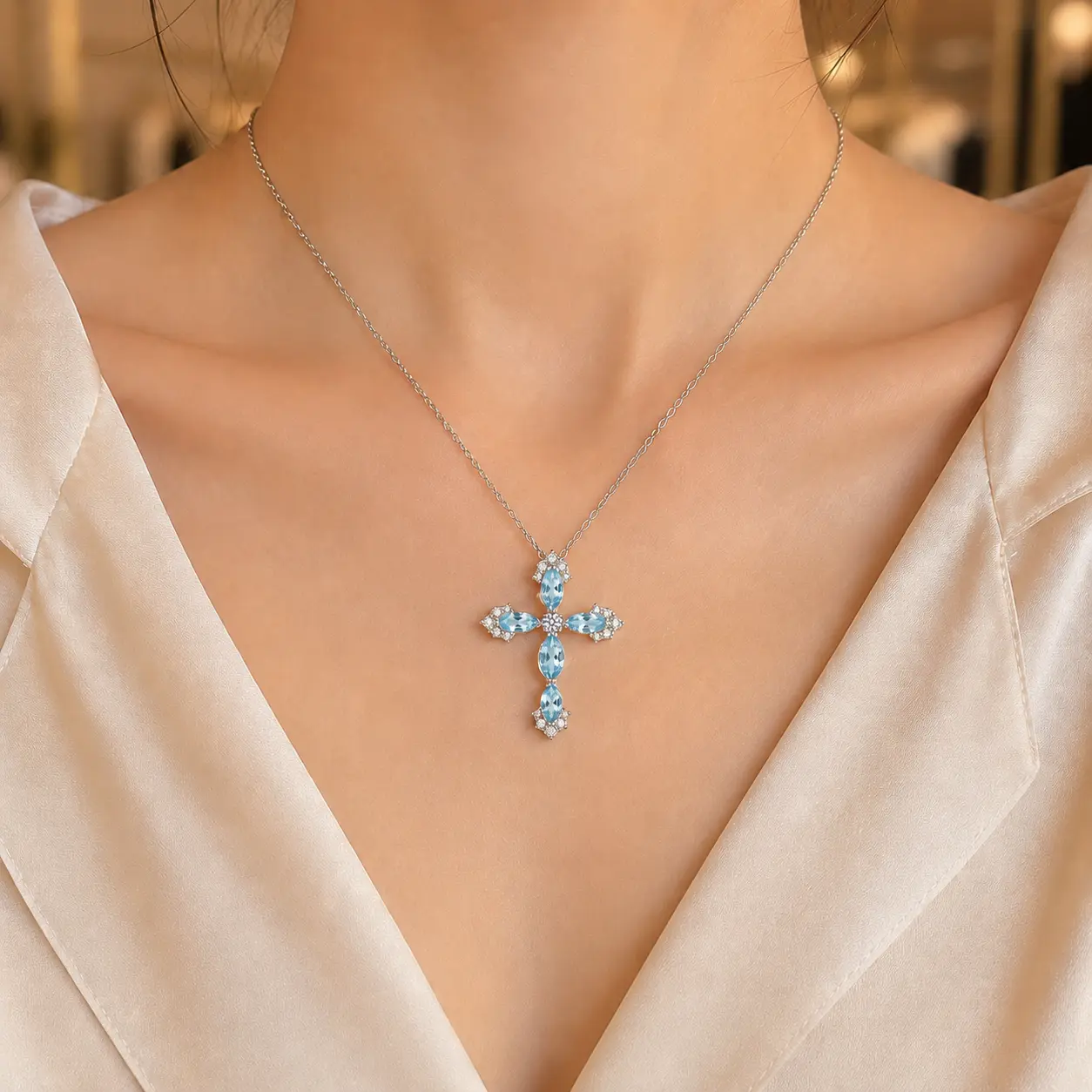 Pendant Necklace in 925 Sterling Silver with Cross Motif, Lightweight Unisex Design with Marquise Gemstone for Daily Wear & Layered Styling, Adjustable 41-50cm Chain, Cross Pendant Necklace, Adults, 2.8G, Adjustable Chain, Gemstone Set, Layering, Amethyst