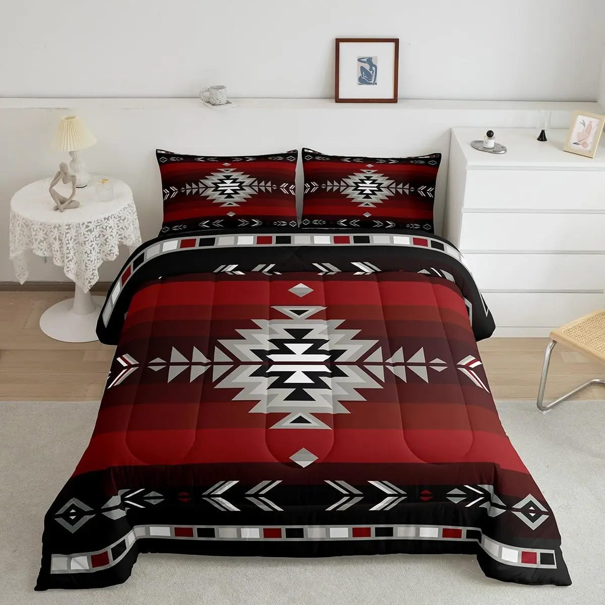 Luxury Southwest Native Design Decorative Microfiber Bedding Set - Southwestern Geometric Comforter, Soft Tribal Red Grey Duvet Set, Decorative Bedding Set