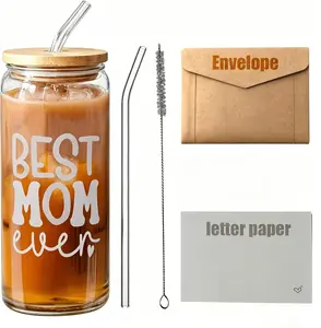Mothers Day Gift For Mom, BEST MOM Coffee Glass Cup 16oz, Two straws, A straw brush, An envelope, An Cards, Mother Coffee Cup - Birthday Gift For Mama From Kids, Son, Daughter, Husband