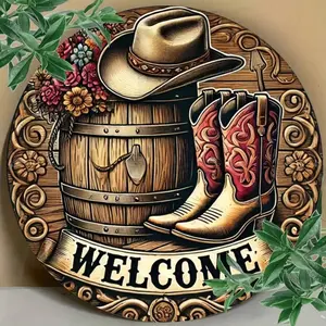 1pc Vintage Style Welcome Sign - Circular Wall Art Decor, Retro Western Style Plaque, Suitable For Decorating Home, Room, Restaurant, Kitchen, Bar, Cafe, Garden, Cabin, Garage. Holes Position Randomly Sent. & New Year Decoration & Gift,Iron Multicolor