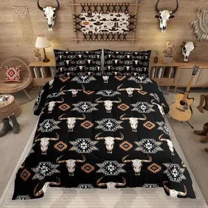 Feelyou Bull Skull Queen Comforter Set - Breathable Boho Southwest Microfiber Bedding Product with Geometric Print, Multi-Size Western Vibe, American Farmhouse Blanket for Adults' Bedroom Decor Ideas
