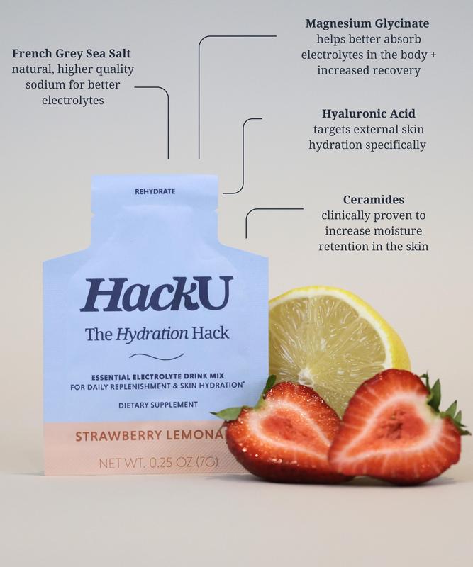HackU The Hydration Hack Strawberry Lemonade Essential Electrolyte Drink Mix for Daily Replenishment & Skin Hydration Sugar-Free Bloat-Free