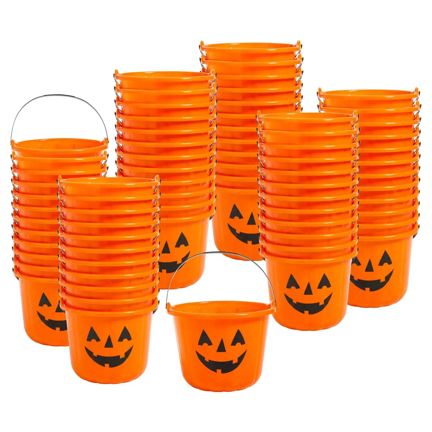 72-Pcs Halloween Durable High-Capacity 10" x 10" Orange Jack-O'-Lantern Plastic Trick-or-Treat Buckets with Handle, Pumpkin Basket Party Supplies for School Toys & Festive Celebrations