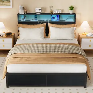 RGB Wrought Iron Bed Frame with Metal Slats, Multi-Color Ambient Lighting, and Headboard Outlet [Mattress Not Included]—No Spring Mattress Required, Ample Storage Space, Suitable for Single, Double, Queen, and King Sizes  SummerVibes tiktokshopspringglowu