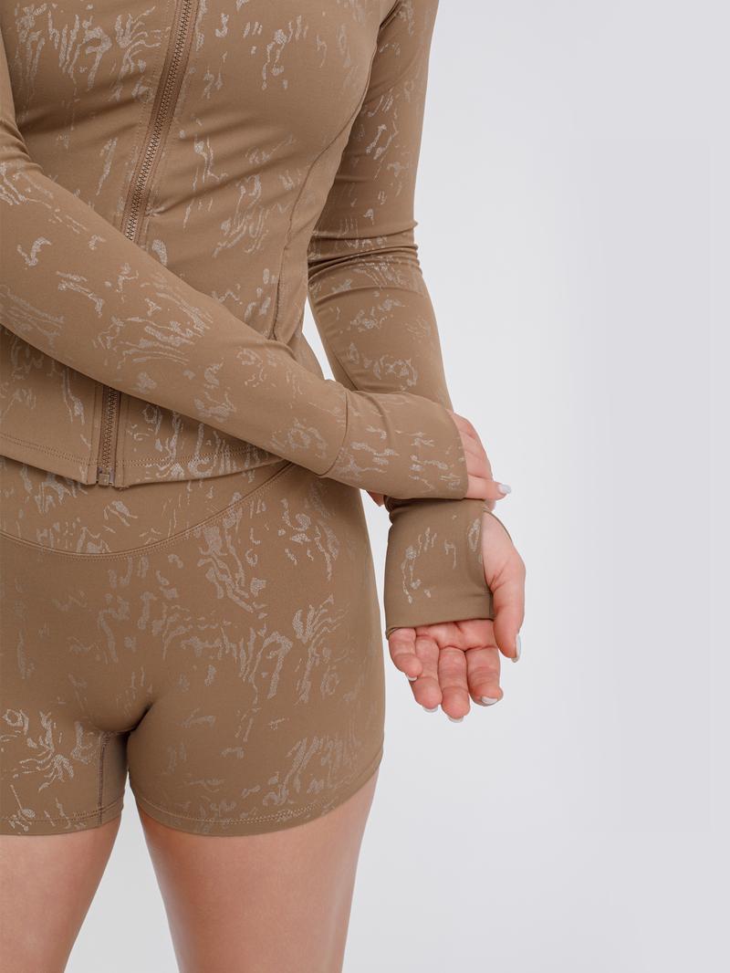 S&W Women's Yoga 3-Piece Set - Biker Short, Tank Top, Jacket with Zipper - Tie-Dye in Apricot Blue & Black - High-Rise Collar, 4-Way Stretch