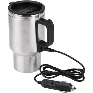 Electric Car Kettle, 16 Oz Stainless Steel Heated Travel Mug Water Boiler Portable in-car Heating Cup Coffee Tea Warmer Cup Thermoses Powered by 12V Cigarette Lighter Plug, 450ML