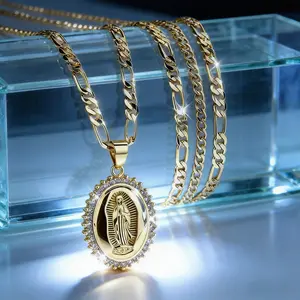 18K Gold Plated Virgin Mary Oval Pendant Necklace with CZ Crystals 19.7-inch Figaro Chain Hypoallergenic Anti-Tarnish Unisex Religious Jewelry Gift for Her and Him