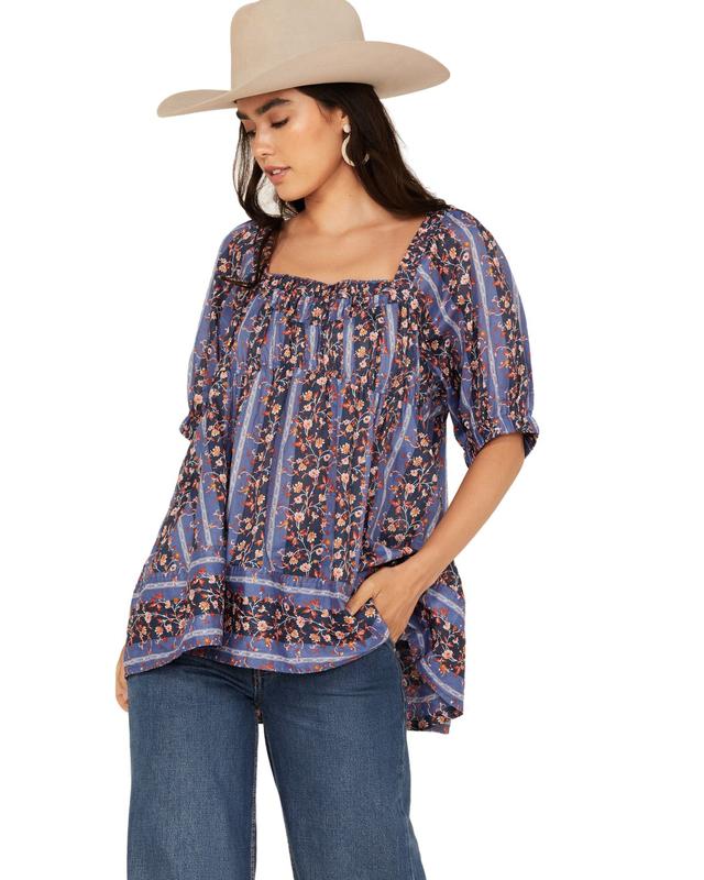 Free People Women's Vintage Lover Floral Print Short Sleeve Blouse - Ob2017798-Blu