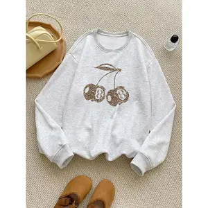 Women's Leopard Cherry & Number Print Crew Neck Pullover, Fashion Casual Long Sleeve Sweatshirt for Daily  Outdoor Wear, Women Clothing for Fall & Winter