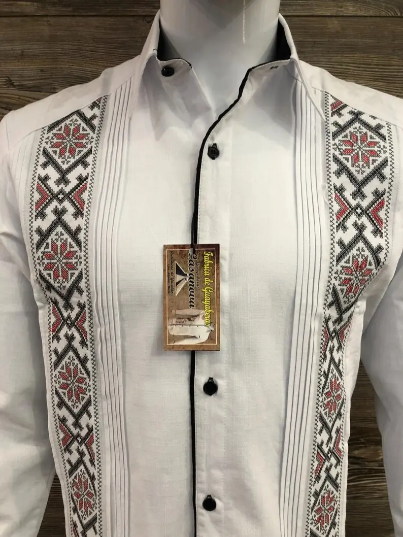 Mens Mexican Guayabera Wedding Dress Shirt Red & Black Cross Stitch Embroidery Long Sleeve White Fabric