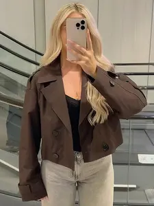 Women's Windbreaker Trendy Cropped Trench Coat Dark Brown Double Breasted Jacket Lapel Collar & Belted Cuffs Vintage Fall Winter Outerwear Women's Casual Streetwear