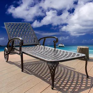 Cast Aluminum Outdoor Chaise Lounge Chair with Wheels, Patio Chaise Lounge with 3-Position Adjustable Backrest, Outdoor Tanning Chair Patio Lounge Chair, Brown