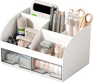Desk Organizer with 6 Compartments and 2 Drawers Plastic Makeup Organizer Pen Holder for Desktop Storage Ideal for School Home Office Supplies
