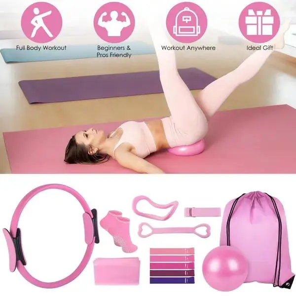 14pcs Pilates ring essentials - women's kit with yoga ball arm stretcher, 5 endurance bands - Figure 8 endurance band, elastic band, non-slip socks, yoga strap