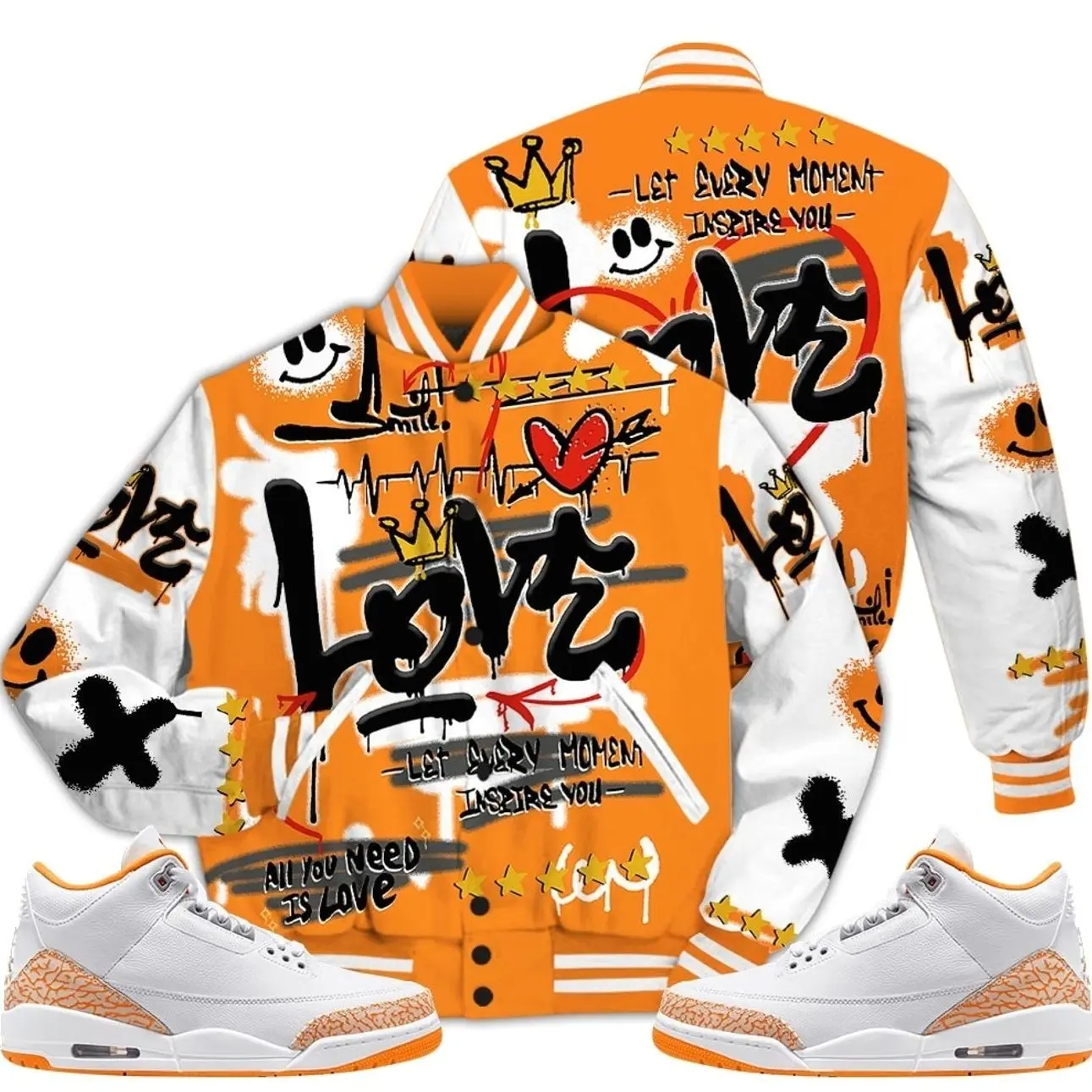 3 White Orange Peel Varsity Jacket, Orange Citrus 3s Outfit Happy Love Beats Graffiti Outfits Streetwear Sneaker Matching Shirts