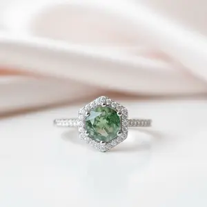 Round Cut Natural Moss Agate Hexagon Halo Engagement Ring