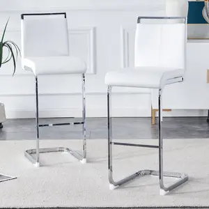 Counter Height Bar Stools,30" White Bar Stool Set of 2,Modern Bar Stools with Back,Sturdy Silver Chrome-Plated Frame,Faux Leather Upholstered Counter Height Chairs for Kitchen Island (White, 30"H)