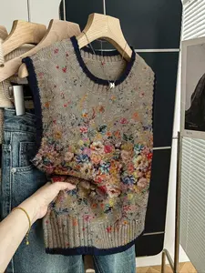 Women's Elegant Loose-Fitting Round Neck Sleeveless Knit Top, Floral Print Color-Blocked Edging, Fall & Winter