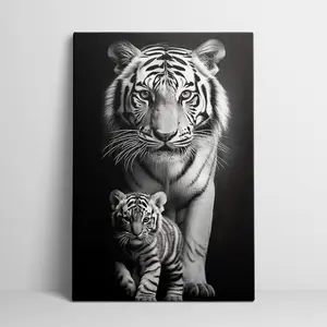 Eye-catching black and white tiger and cub canvas art print - wall decoration for bedroom, living room or office - modern wildlife artwork with detailed fur texture, living room decor |     Minimalist Wall Art |     Complex animal designs