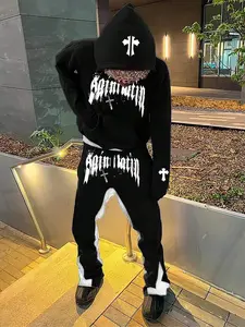 Gothic Cross Pattern Two-Piece Set, Street Style Hoodie and Pants, Outdoor/home Casual Wear, Unisex Fashion