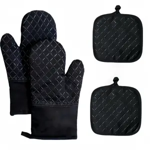 Oven Mitts and Pan Racks 4-Piece Set Extended Kitchen Heat Resistant Black Quilted Mitts & Potholders
