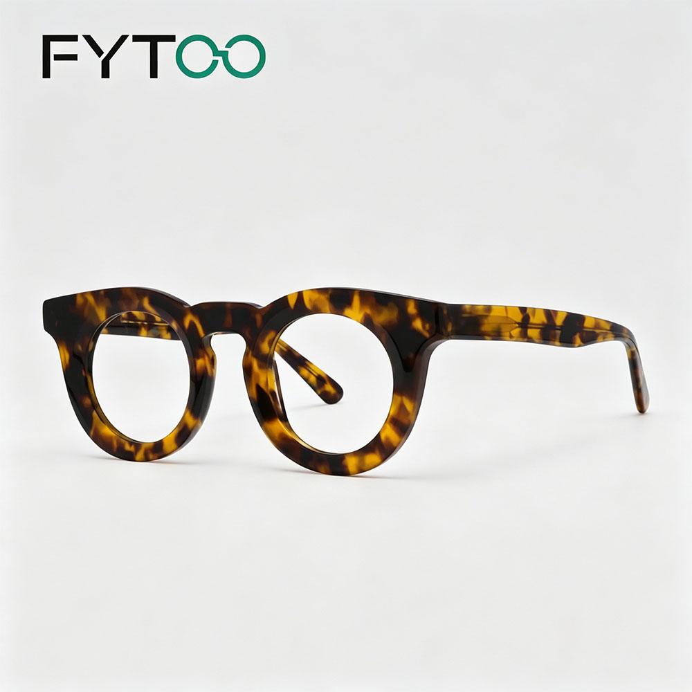 FYTOO Classic Dark Tortoiseshell Round Acetate Glasses, Vintage Thick Frame Statement Eyeglasses