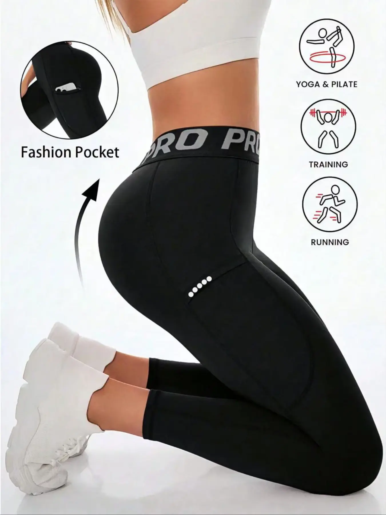 Women's High-Waisted Yoga Pants, Letter Waistband Design, High Waist Stretchy, Slimming & Comfortable, Outdoor Casual Tight Sports Reflective Dot Gym Workout Leggings with Pocket, High Waist Activewear