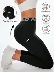 Women's High-Waisted Yoga Pants, Letter Waistband Design, High Waist Stretchy, Slimming & Comfortable, Outdoor Casual Reflective Dot Gym Workout Leggings with Pocket