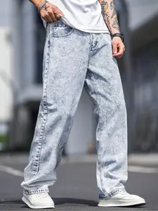 Men's Fashion Casual Loose Straight Leg Denim Jeans, All-Season Streetwear Street Style Light Wash Washed Blue Long Pants, Daily Wear Menswear Clothing