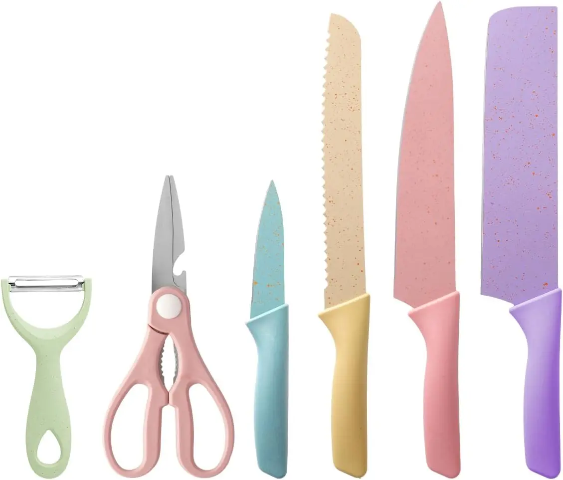 Knife Set 6 PCS Colored Knives Set with Non-Stick Coating Chef Boxed Knives Set for Cooking Includes Scissors Peeler & Colorful Handles