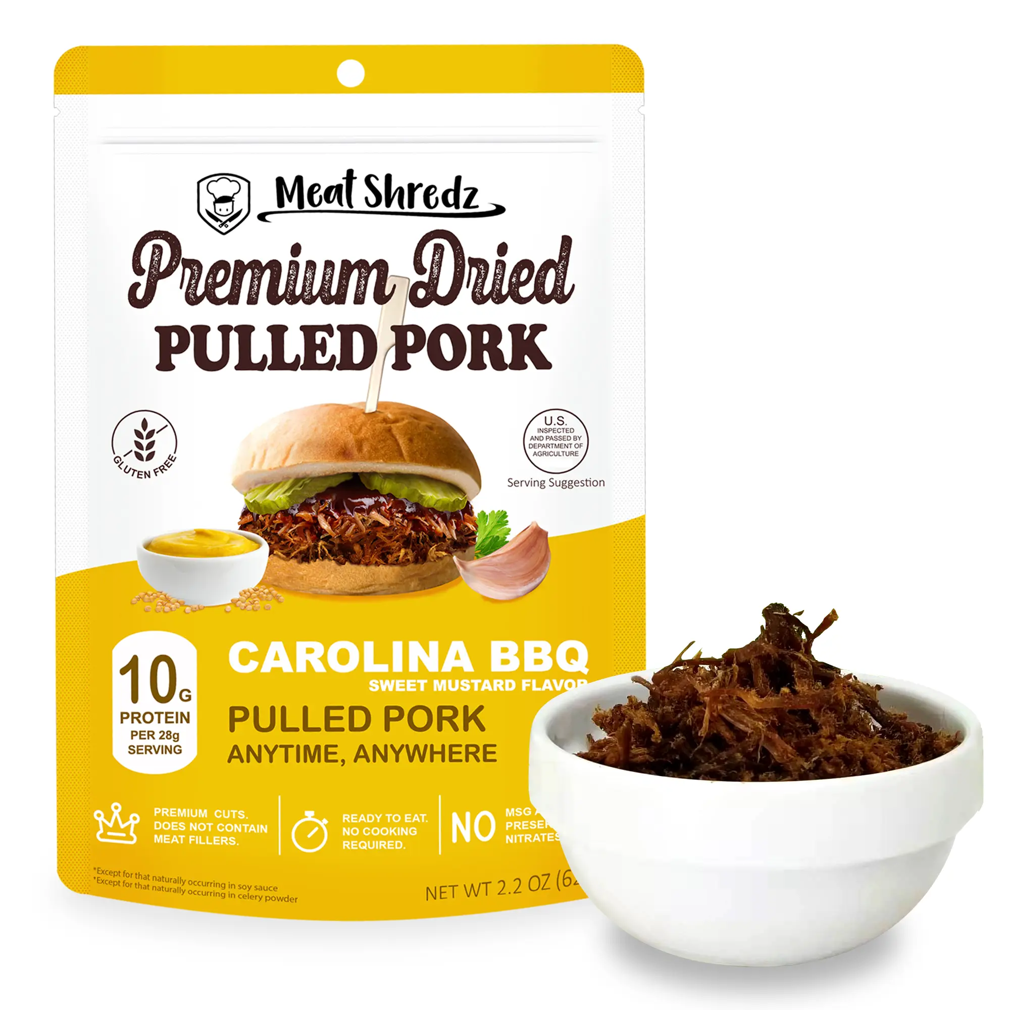 Meat Shredz - Premium Dried Pulled Pork (Carolina BBQ - Sweet Mustard, 4 Pack) | Gluten Free | High Protein & Low Sugar | Bacon Bits | Dehydrated Backpacking & Camping Food | Shredded, Dried Jerky Chew Snack