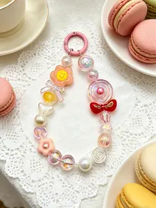 Customizable Kawaii Pink Coquette Phone Wristlet - Smiley Flower & Bow Beaded Phone Chain Stackable Bracelets Trendy Jewellery Accessories Summer Dainty Jewelry