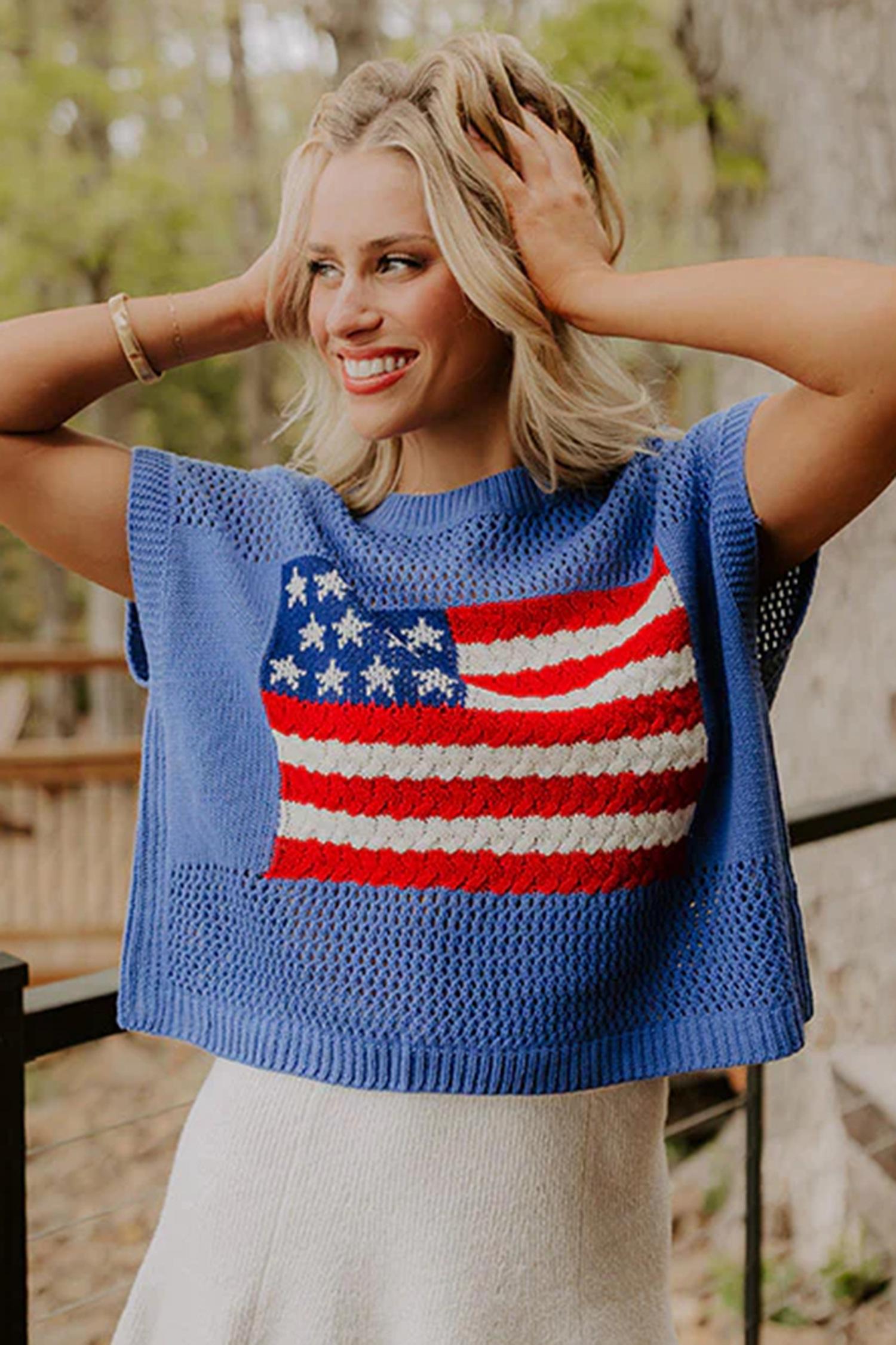 Mntaor Women's American Flag Graphic Relaxed Fit Short Sleeve Knit Sweater Top for Independence Day Festivals & Casual Streetwear Knitwear - Womenswear