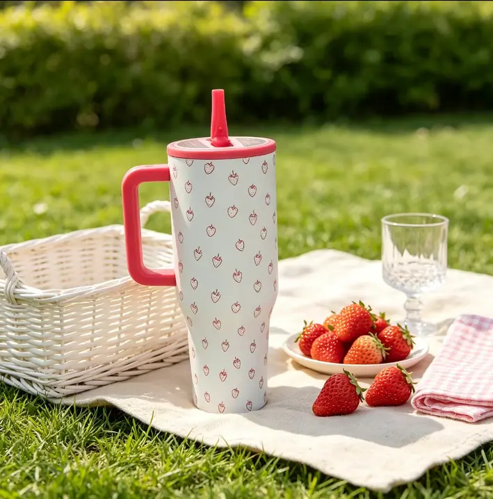HydroJug 40oz Strawberry Print Insulated Tumbler with Red Handle & Straw Leakproof Stainless Steel Water Bottle for Gym Travel Drinkware Flasks